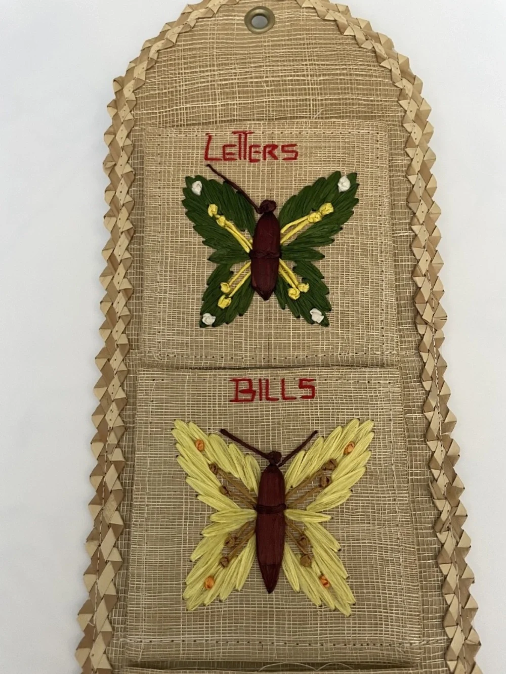 Vintage Wicker Wall Organizer Mail Letter Bill Holder 3 Pocket Butterfly Stitch